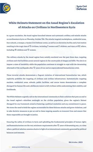White Helmets Statement on the Assad Regime’s Escalation of Attacks on Civilians in Northwestern Syria